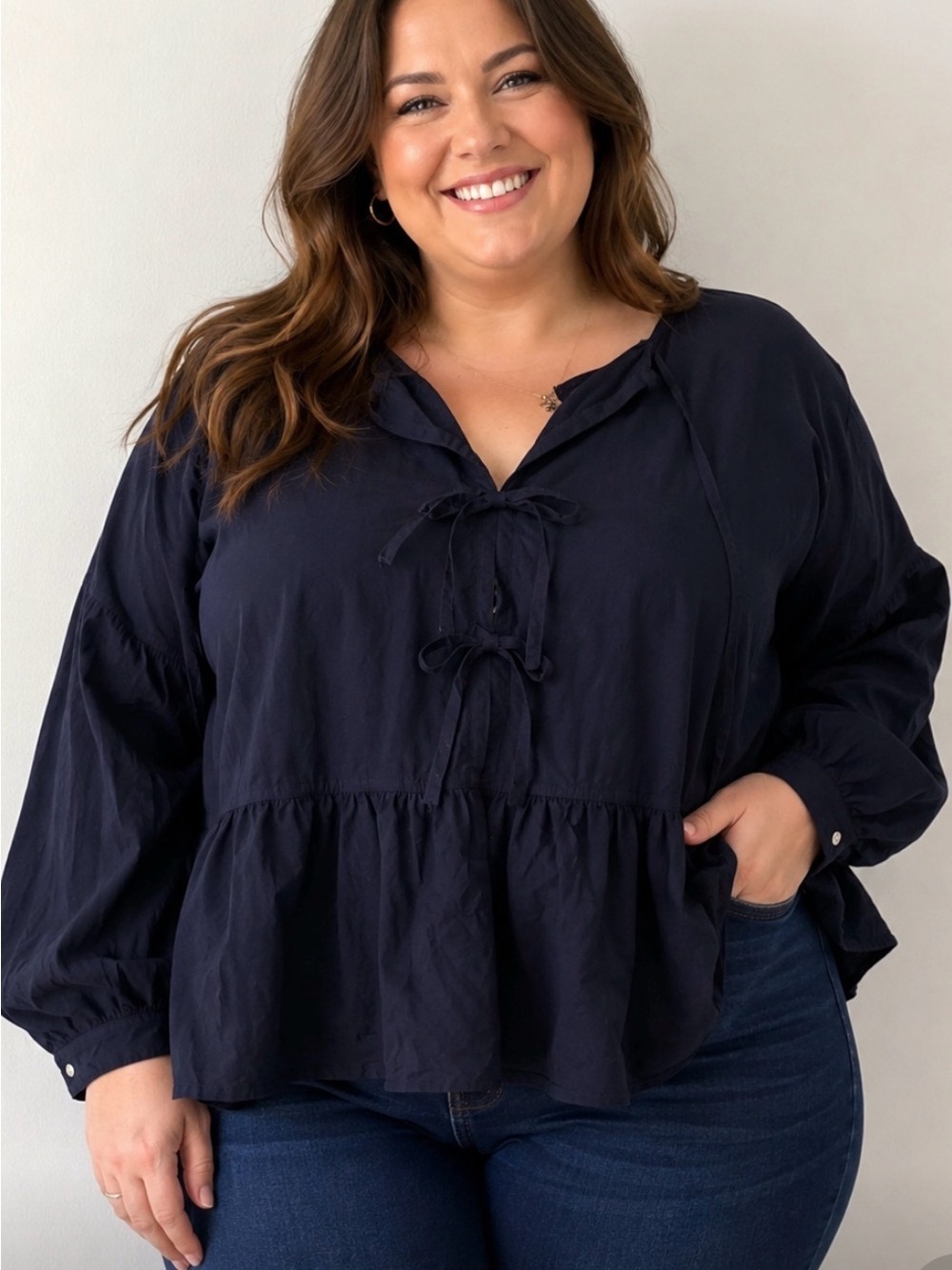 Women's Navy Peplum Tie-Front Blouse NWOT XXL Cottagecore Flattering Office